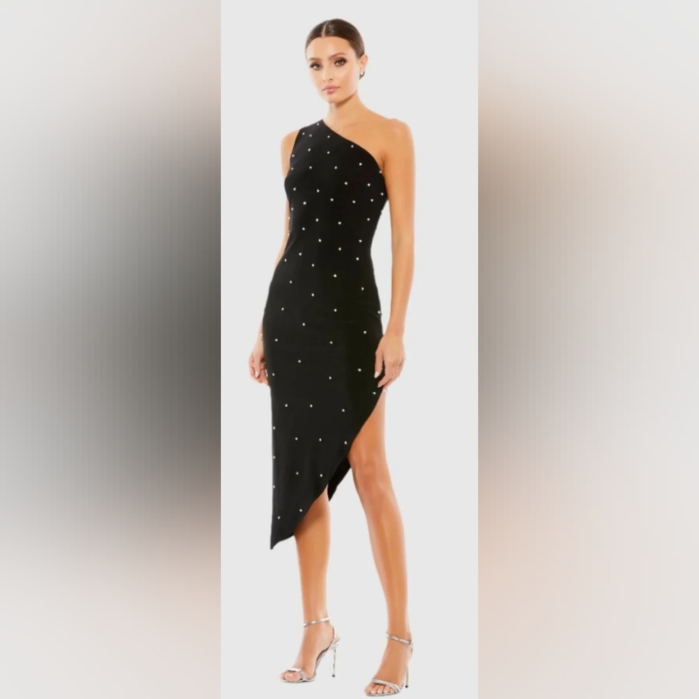 Ieena for Mac Duggal Black Rhinestone One Shoulder Asymmetrical Midi Dress 55646